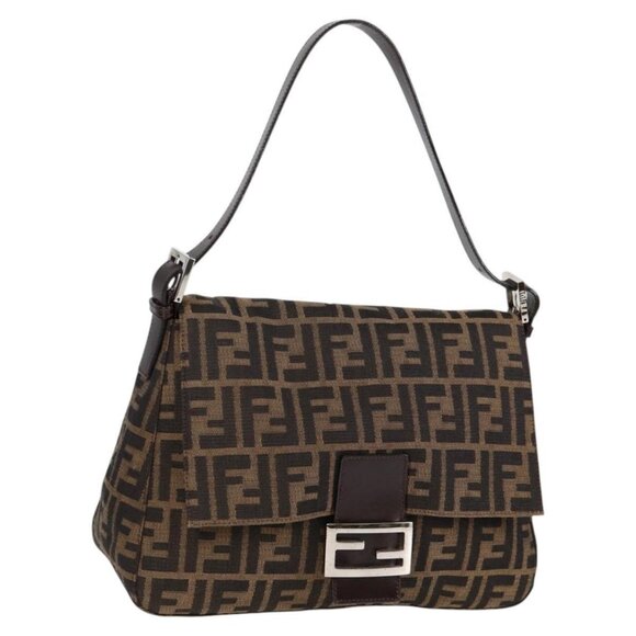FENDI Zucca Canvas Mamma Baguette Shoulder Bag Black Brown Silver Auth - Picture 1 of 16
